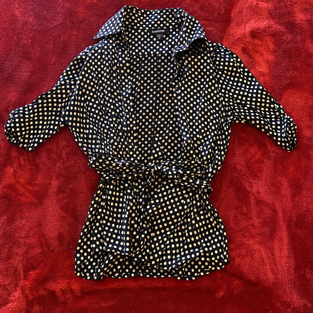 Bebe Black Blouse with Cream Polka Dots